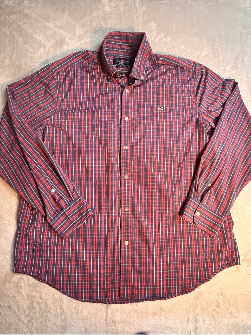 Vineyard Vines Whale Shirt Men’s XL Coral Blue Plaid Long Sleeve Preppy